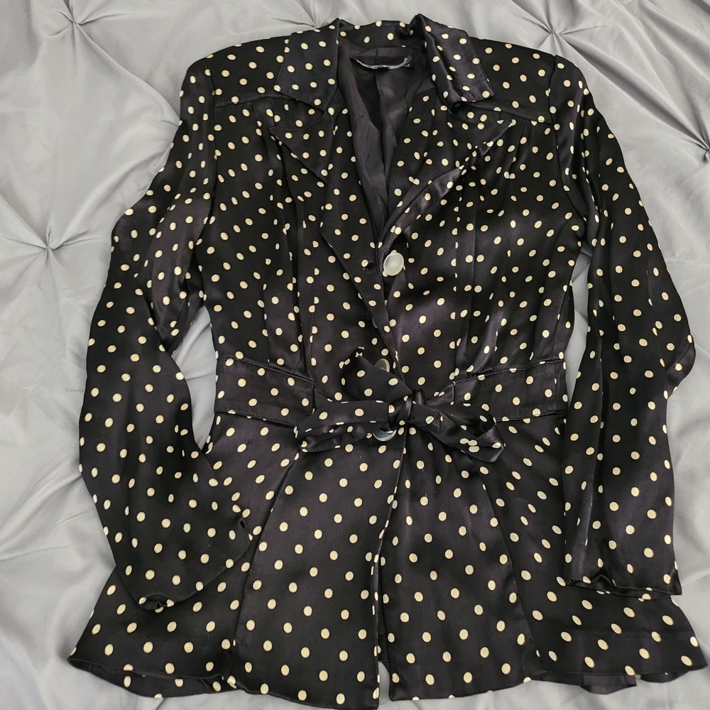 Vtg Betsey Johnson Blck Polka Dot Satin Blouse Belted Lng Sleeve Buttn Up